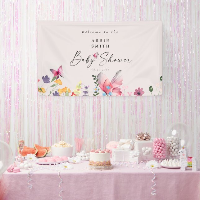 Delicate Butterflies and Wildflowers Baby Shower Banner (Party)