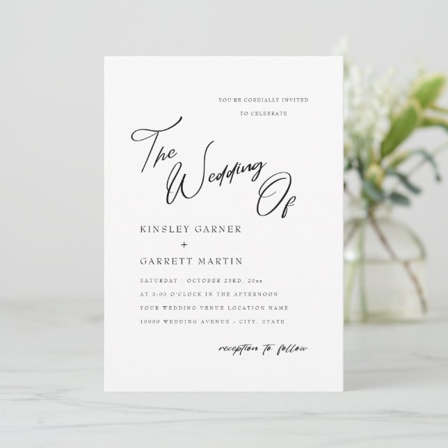 Delicate Calligraphy Black & White Wedding Invitat Invitation (Standing Front)