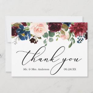 Delicate Calligraphy Burgundy Blue Floral Wedding Thank You Card