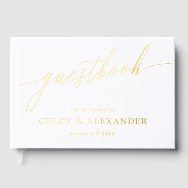 Delicate Calligraphy Gold & White Wedding Guest Book (Front)