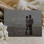 Delicate Calligraphy Horizontal Dark Photo Wedding Invitation<br><div class="desc">This delicate calligraphy horizontal dark photo wedding invitation is perfect for a modern wedding. The romantic minimalist design features lovely and elegant typography with a sophisticated look. Personalize with 2 engagement photos,  one on the front and one on the back.</div>