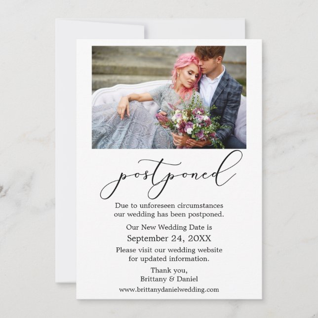Delicate Calligraphy Photo Postponed Wedding Card (Front)