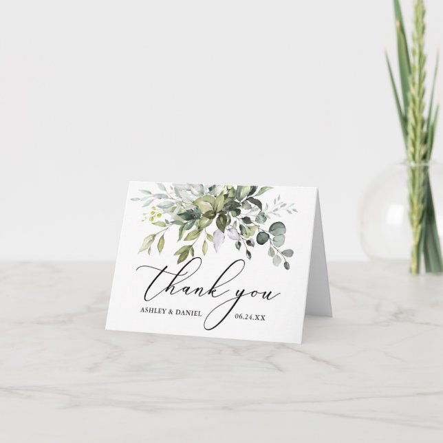 Delicate Calligraphy Watercolor Greenery Wedding Thank You Card (Front)