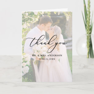 Delicate Calligraphy Wedding 2 Photo Overlay Fold Thank You Card