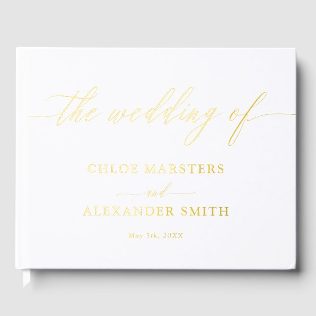 Delicate Calligraphy White Gold Wedding Guest Book (Front)
