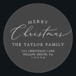 Delicate Charcoal Christmas Return Address Classic Round Sticker<br><div class="desc">These delicate charcoal Christmas return address envelope stickers are perfect for a modern holiday card or invitation envelope. The romantic minimalist design features lovely and elegant typography on a dark grey background with a clean and simple look.</div>