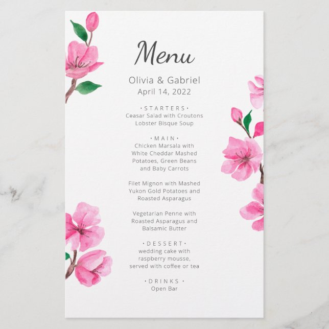 Delicate Cherry Blossom. Spring wedding menu (Front)