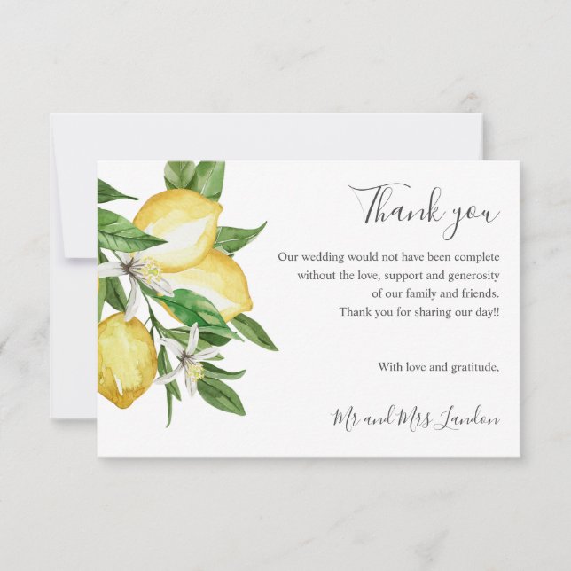 Delicate Citrus and leaves green Wedding thank you (Front)