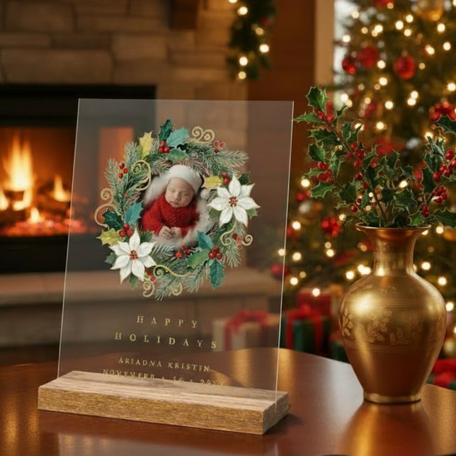 Delicate Classy First Christmas Wreath Baby Photo Acrylic Sign (Delicate Classy Christmas Wreath Baby Photo First Christmas Acrylic Sign.)