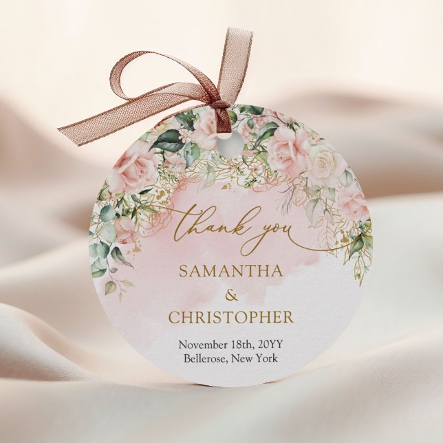 Delicate coquette pink roses gold and greenery favour tags (Delicate pastel pink roses greenery and gold wedding favor tag)