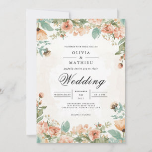 Delicate Coral Blossom Botanical Wedding Invitation