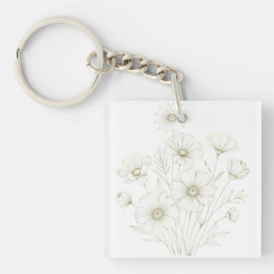 Delicate Cosmos Bouquet Line Art Grace Keychain