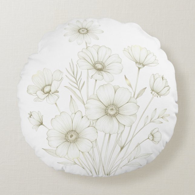 Delicate Cosmos Bouquet Line Art Grace Round Pillow (Front)