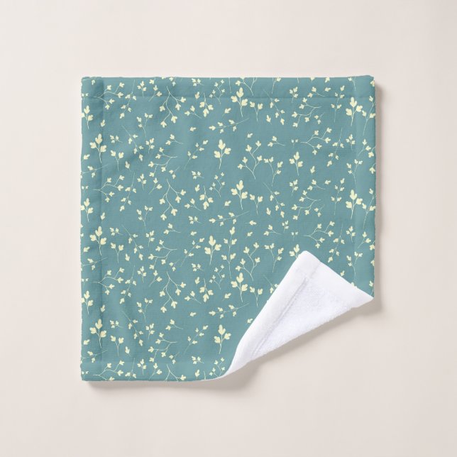 Delicate Cream Leaves Dusty Teal Botanical Pattern Bath Towel Set (Wash Cloth)