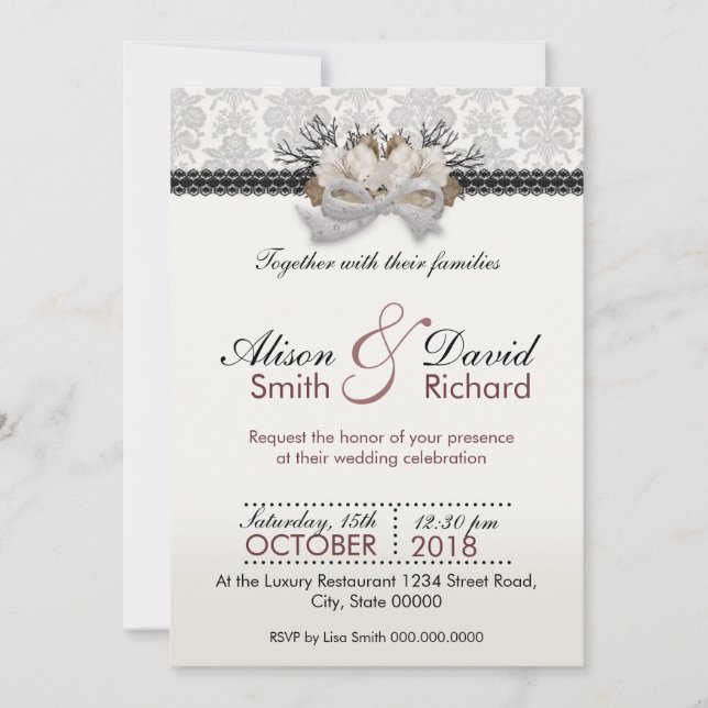 Delicate crystals bow with black lace invitation (Front)