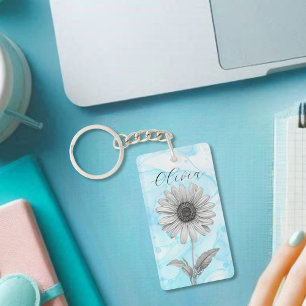 Delicate Custom Light Blue Daisy Flower Keychain