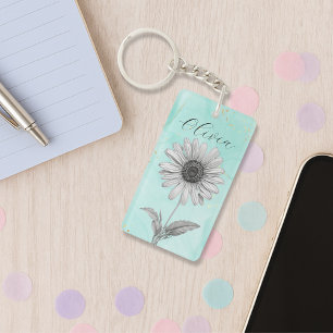 Delicate Custom Mint Blue Daisy Flower Keychain