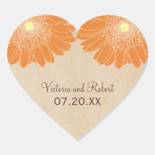 Delicate Daisies Wedding Stickers, Orange Heart Sticker (Front)