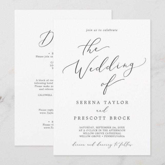 Delicate Dark Grey Calligraphy All In One Wedding Invitation (Front/Back)