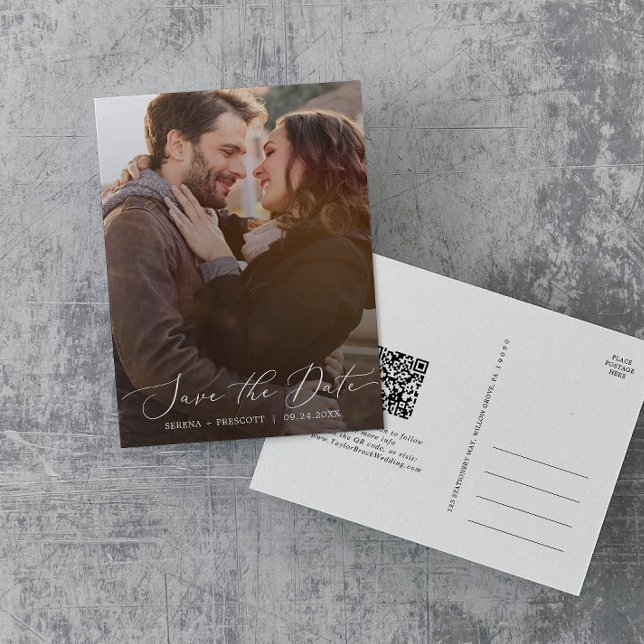 Delicate Dark Photo Overlay QR Code Save the Date  Invitation Postcard (Creator Uploaded)
