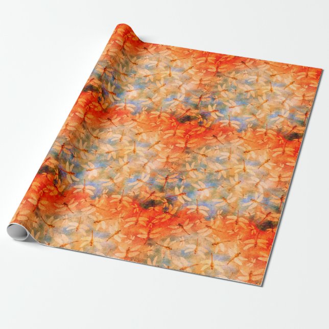 Delicate Dragonflies Orange Watercolor Wrapping Paper (Unrolled)