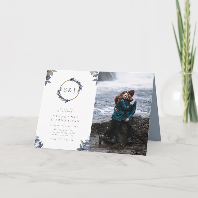 Delicate Dusty Blue Leaves Monogram Wedding Photo Invitation (Front)