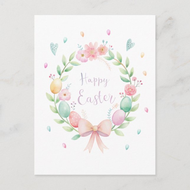 Delicate Easter wreath with flowers and eggs Holiday Postcard (Front)