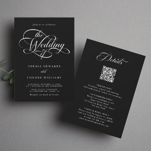 Delicate Elegant Script Wedding Black All in One Invitation