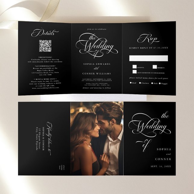 Delicate Elegant Script Wedding Black  Tri-Fold Invitation (Inside & Outside)