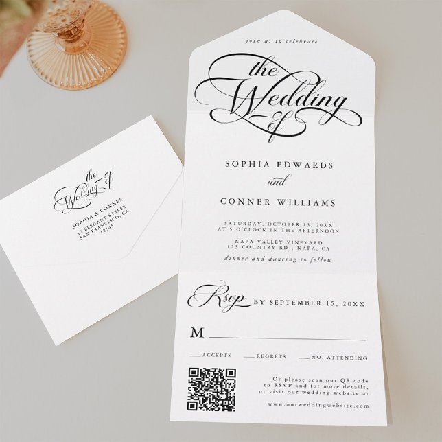 Delicate Elegant Script Wedding Black & White All In One Invitation (Inside & Back)
