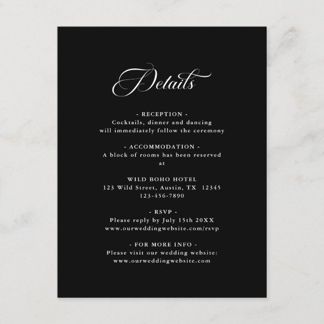 Delicate Elegant Wedding Black Enclosure Card (Front)