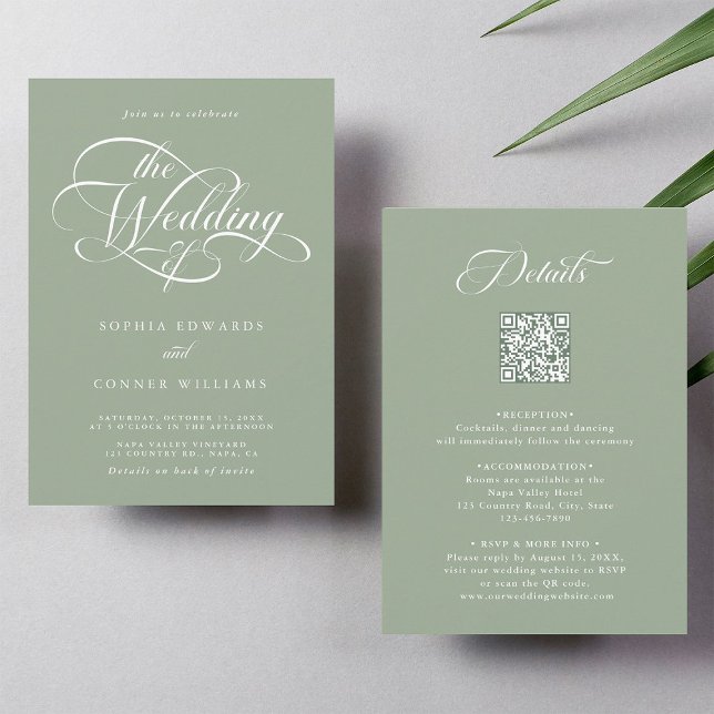 Delicate Elegant Wedding Sage Green All in One Invitation (Front & Back)