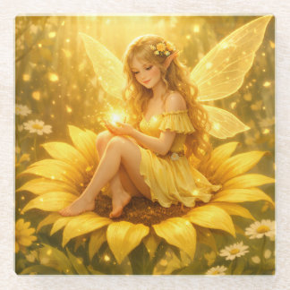 Delicate Elf on a Sunflower Glass Coaster