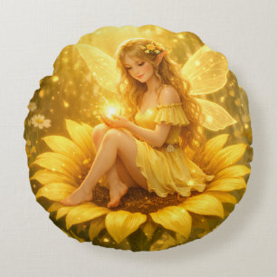 Delicate Elf on a Sunflower Round Pillow