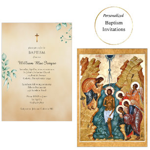 Delicate Eucalyptus and Parchment Orthodox Baptism Invitation
