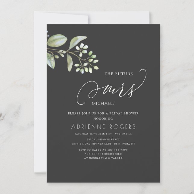 Delicate Eucalyptus Future Mrs Grey Bridal Shower Invitation (Front)