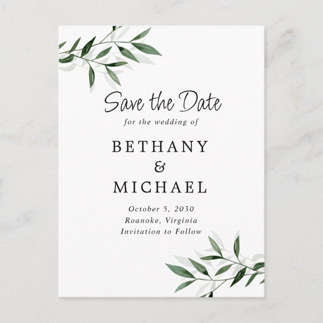 Delicate Eucalyptus Leaves Wedding Save the Date Announcement Postcard (Front)
