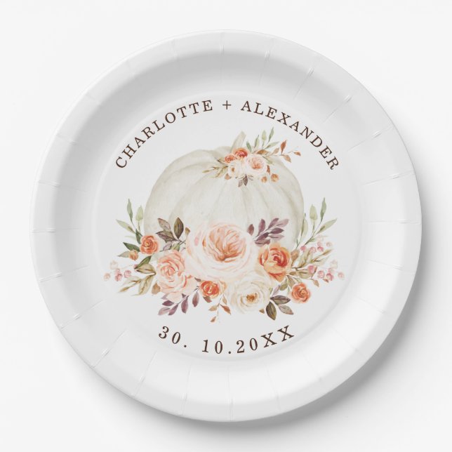 Delicate Fall Autumn Floral White Pumpkin Wedding Paper Plate (Front)