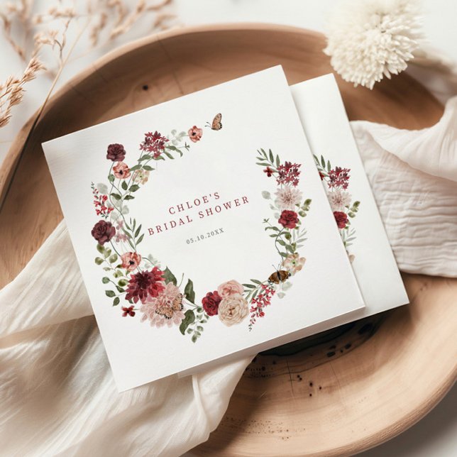 Delicate Fall Burgundy Floral Wreath Bridal Shower Napkin (Creator Uploaded)