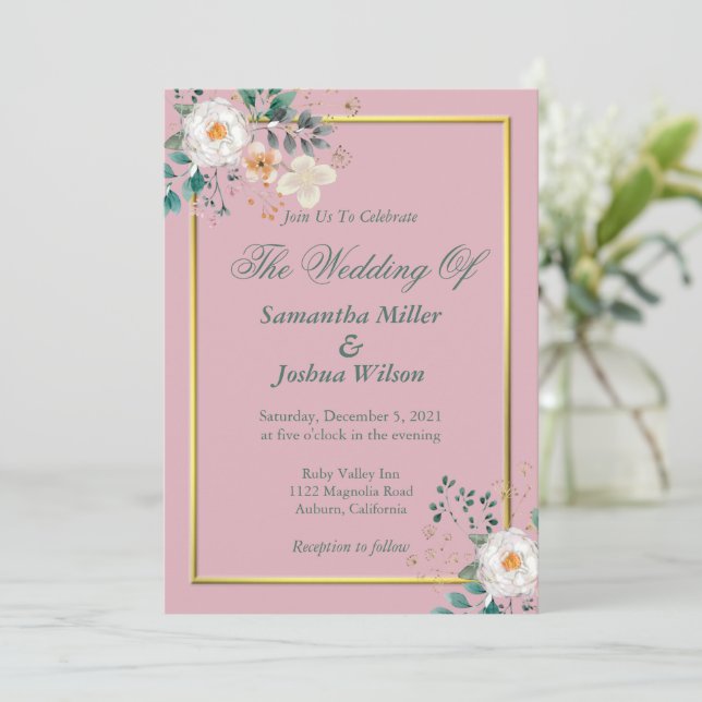 Delicate Floral and Gold Border Invitation (Standing Front)