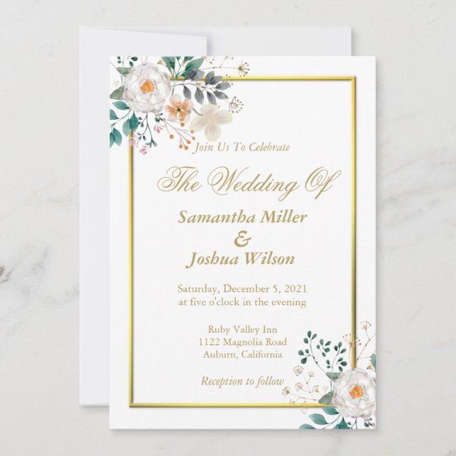 Delicate Floral and Gold Border Invitation (Front)