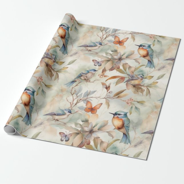 delicate floral background with birds wrapping paper (Unrolled)
