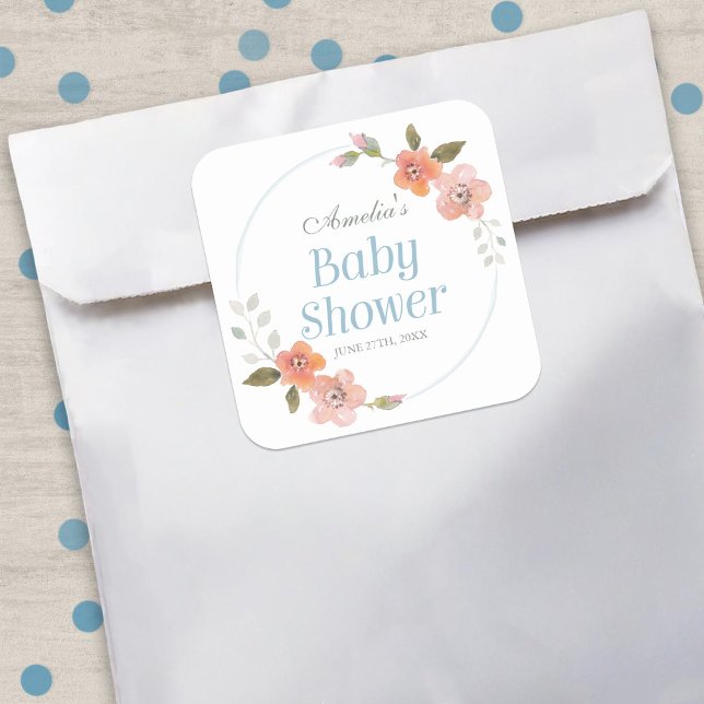 Delicate Floral Blue Baby Shower Square Sticker (Creator Uploaded)