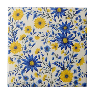 Delicate Floral Cornflower And Yellow Flowers Tile