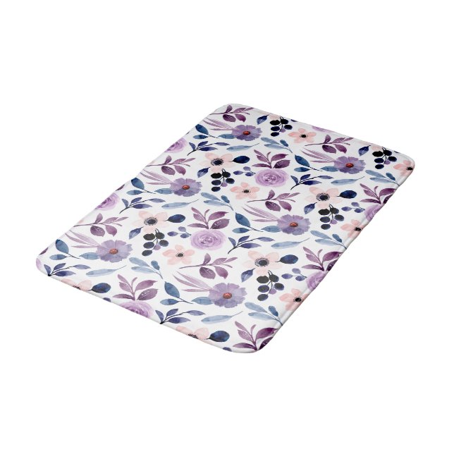  Delicate Floral Design with Navy Lavender Leaves Bath Mat (Angled)