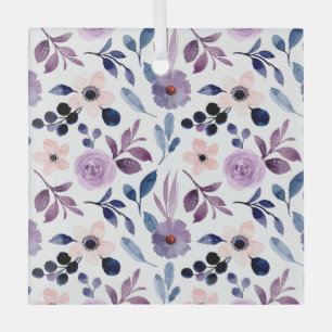 Delicate Floral Design with Navy Lavender Leaves Glass Ornament