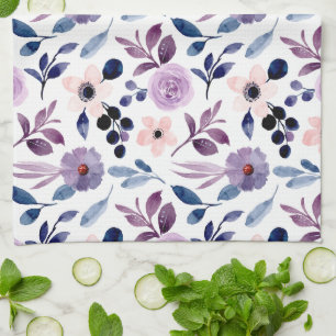 Delicate Floral Design with Navy Lavender Leaves Kitchen Towel