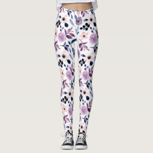 Delicate Floral Design with Navy Lavender Leaves Leggings
