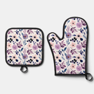 Delicate Floral Design with Navy Lavender Leaves Oven Mitt & Pot Holder Set