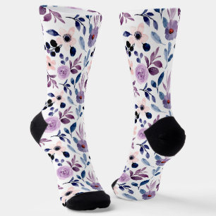  Delicate Floral Design with Navy Lavender Leaves Socks